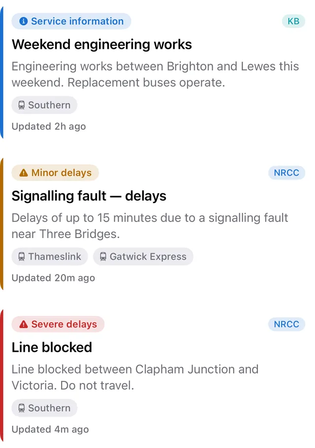 Disruption feed with severity chips per operator