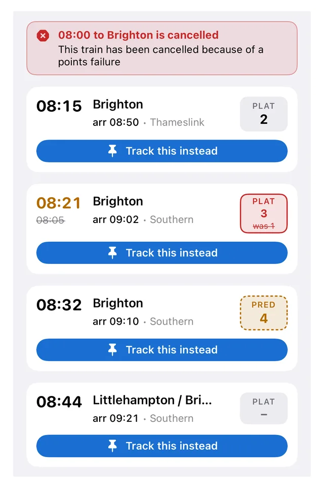 The Rescue sheet showing a cancellation banner and alternative trains to track instead
