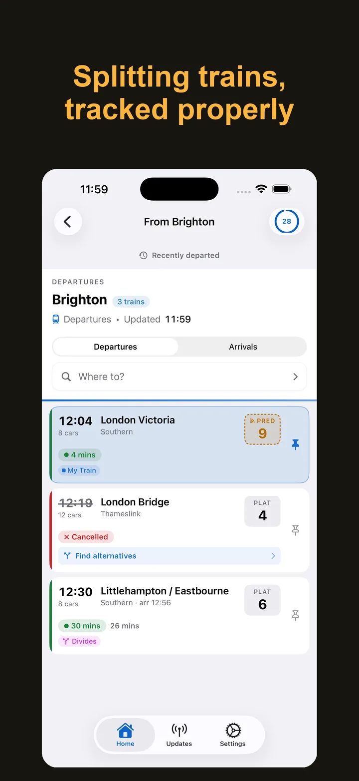 Departure board flagging a train that divides