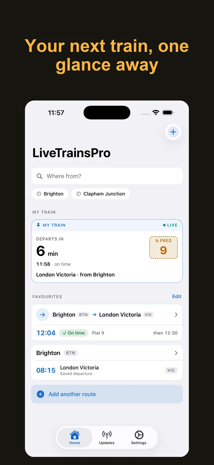 LiveTrains Pro home screen with a pinned train counting down and saved routes