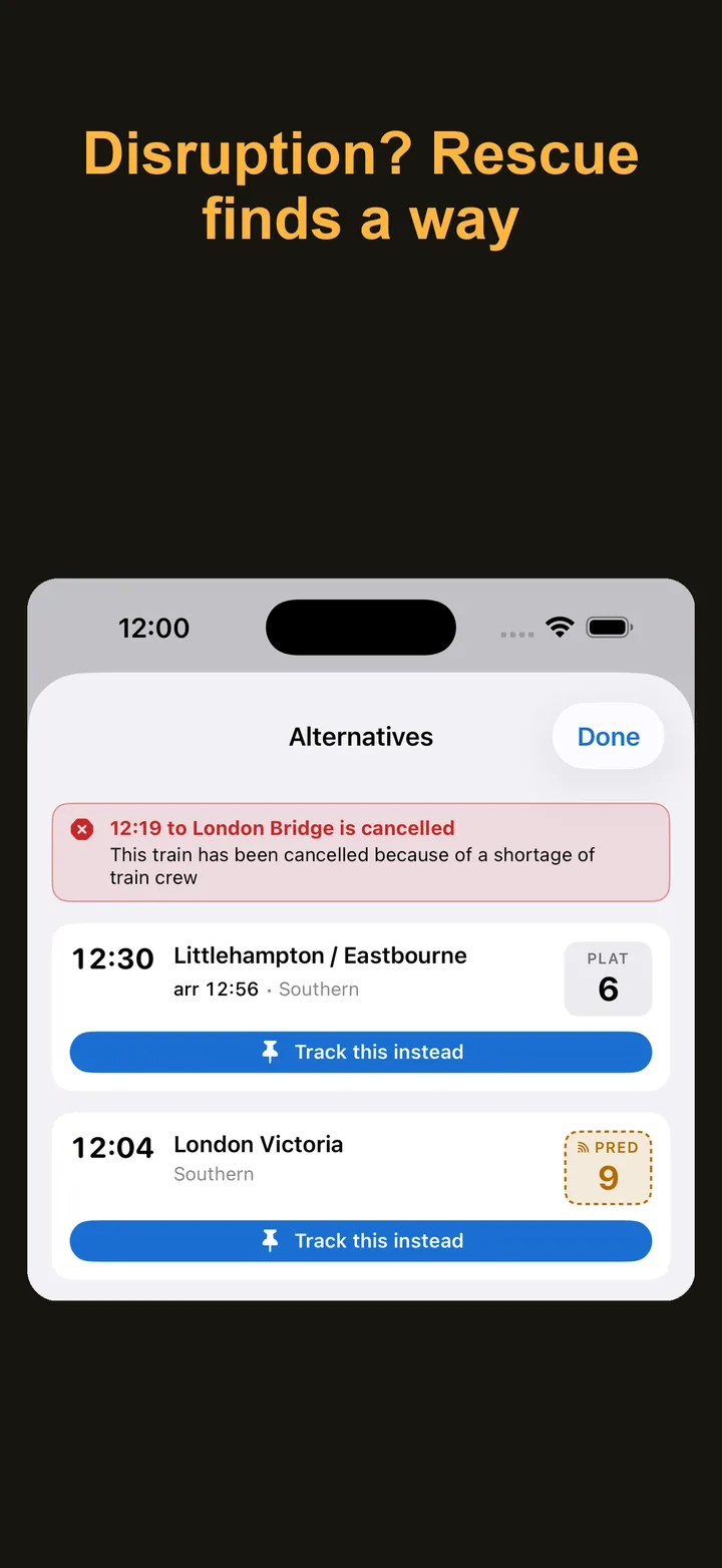 The Alternatives sheet after a cancellation, offering two trains to track instead