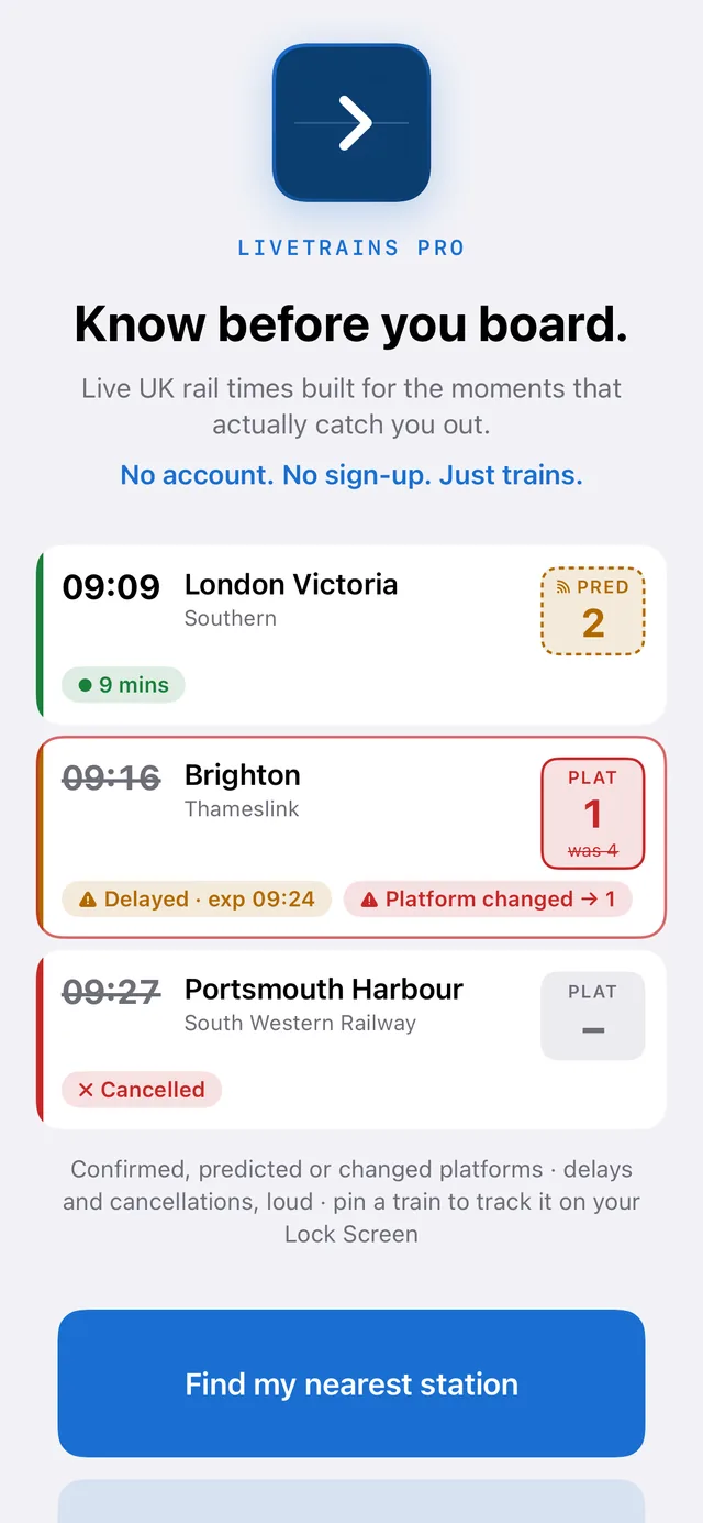 LiveTrains Pro showing a live departure board with a predicted platform, a platform change and a cancellation